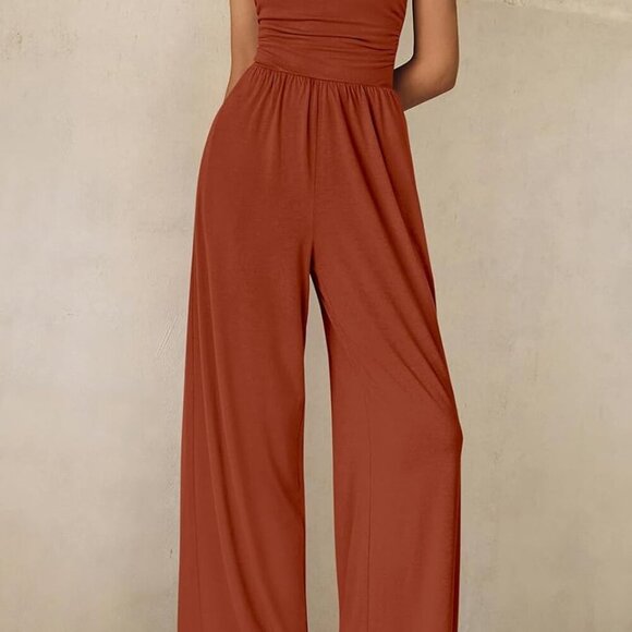 One Piece Jumpsuits for Women Dressy Casual Sleeveless Crewneck Wide Leg Rompers - Picture 7 of 8